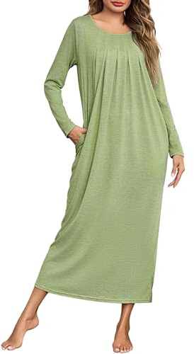 Leversic Chemise de Nuit Femme Longue Hiver Chemise de Nuit Coton Robe Femme Nuisette Manches Longues Vert XL