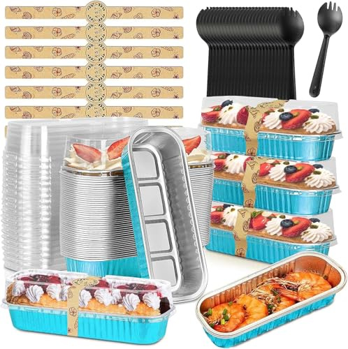 120pcs Mini Loaf Pans with Lids and Spoons, 200ml Rectangular Aluminum Foil Baking Pans Mini Cake Tins Containers with Sealing Sticker for Bread Cake Wedding Birthday Picnic Party (SET OF 30) (Blue)