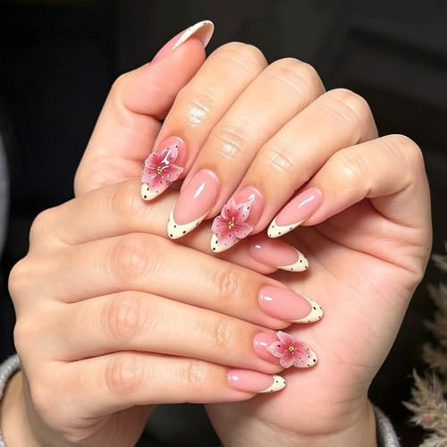 Tastetreasure 30 Pcs Spring 3D Floral Press on Nails Almond, Pink Ombre French Tip Glue on Nails with Gold Beads, Medium Length False Nails Kit with Jelly Glue and Nail File for Women Girls