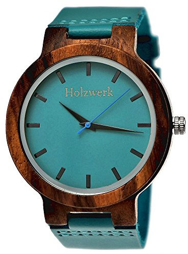 Holzwerk Germany Handgefertigte Designer Damen-Uhr Herren-Uhr Öko Natur Holz-Uhr Leder Armband-Uhr Analog Klassisch Quarz-Uhr in Blau Türkis (Blue.)