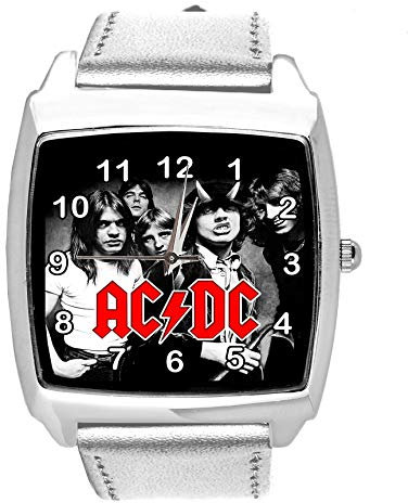TAPORT® Armbanduhr Analog Quarz mit Echtleder Band Silber Quadrat für Fan von ACDC
