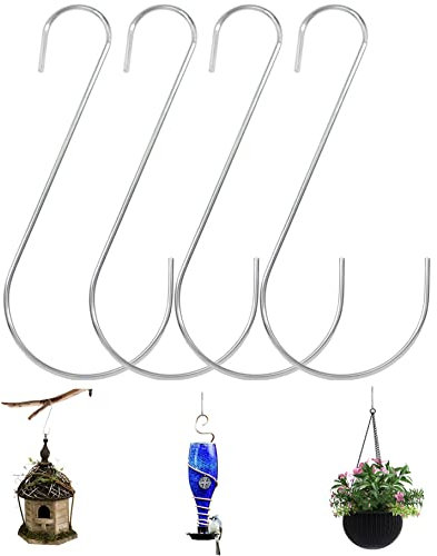 4 PCS Garden Hooks Hanger Tree Branch S Shaped Hook Heavy Duty Silver Metal S Hooks for Hanging Plants Bird Feeders Baskets Lanterns and Ornaments (12 INCH)