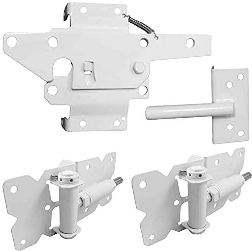 Selbstschließendes Vinyl-Zauntor, Einzeltor-Hardware-Kit für Vinyl, PVC-Zaun, Tor-Set enthält Torscharniere und Torriegel mit Schrauben – Einzelzaun-Tor-Set mit 2 Scharnieren und 1 Riegel