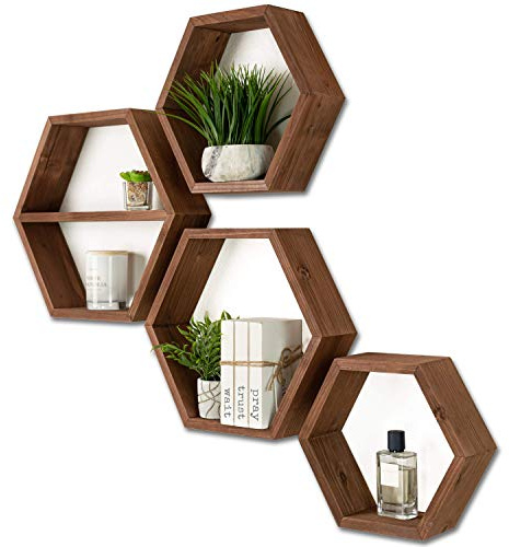 LABEND HOME Sechseckige schwebende Regale, 4er-Set, Massivholz, Wandmontage, Wabenmuster, geometrische Ausstellungsregale für Wohnzimmer, Schlafzimmer, Küche, braunes Holz-Finish, inklusive Hardware