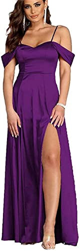 KURFACE Abiti da sera formali eleganti di cerimonia nuziale alti spaccati fuori dal vestito della damigella d'onore del raso della spalla per le donne, Viola, 34
