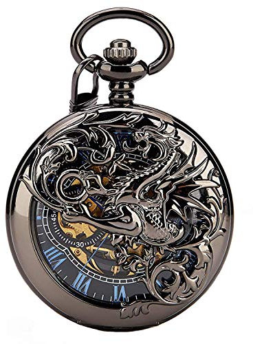 Carrie Hughes Herren Glücksdrachen Mechanische Taschenuhr mit Kette Steampunk-Skelett Jäger Doppelt Geöffnet in Box CHPW10(CHPW10C)