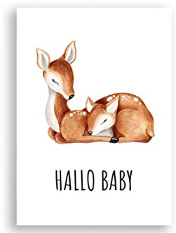 Friendly Fox Geburtskarte Rehkitz, 1x Karte zur Geburt, DIN A6 Klappkarte mit Umschlag, Hallo Baby, Glückwunsch Baby Junge Mädchen