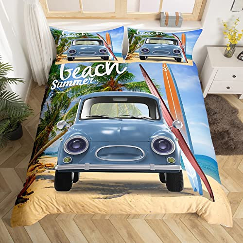 Loussiesd Camper Bettbezug 155x220 Fröhliches Campen Bettwäsche Wohnmobil Urlaub Strand Auto Bettwäsche Sommer für Bett Kinder Erwachsene Tropische Palme Reisen Ozean Surfen Bettwäsche Decor Camping