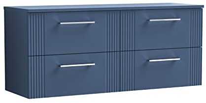 nuie DPF393W2 Deco Modern Bathroom Wall Hung 4 Drawer Part Fluted Vanity Basin Unit with Double Worktop, 1200mm, Satin Blue