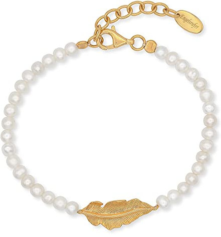 Engelsrufer Damen Armband aus vergoldetem Sterling Silber mit Feder Anhänger gold und echten Süßwasserperlen - Karabinerverschluss - längenverstellbar - nickelfrei