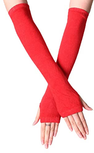 B-HOT Warmer Fingerless Gloves Stretchy Knit Thumb Hole Sun Protection Long Arm Solid Color Glove Red