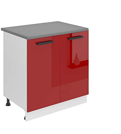 Belini Unterschrank Küche, Küchenunterschrank 80 cm Breite. SD Küchenunterschrank mit Arbeitsplatte. Küchenschrank mit 2 Türen, Rot Hochglanz