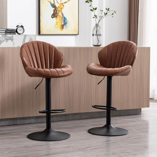 chairus 2er Set Drehbarer Barhocker aus PU Leder Hohe Hocker Höhenverstellbar Barstuhl Ohne Arme Küchenstühle mit Fußstütze (Braun(PU-Leder)-2)