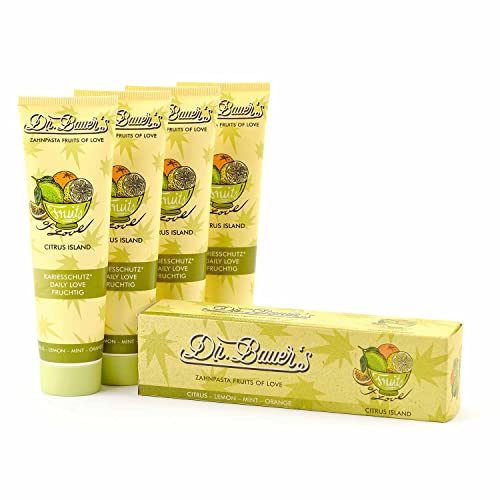 Dr. Bauer's Fruits of Love Citrus Island Zahnpasta, 4er Pack | Zahncreme mit tollen Geschmacksrichtungen