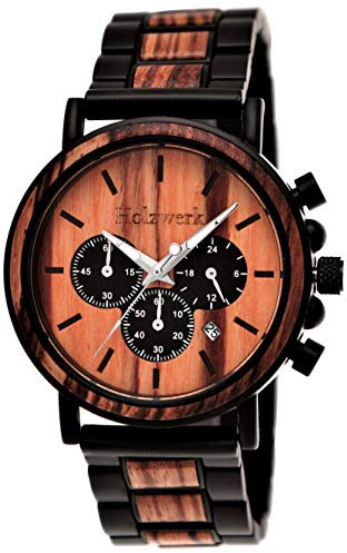 Holzwerk Germany Handgefertigte Designer Herren-Uhr Öko Natur Holz-Uhr Chronograph Armband-Uhr Analog Quarz-Uhr Braun Schwarz Datum Holz Ziffernblatt (Braun.schwarz)