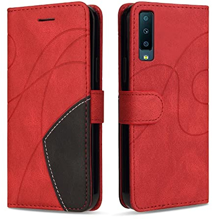 KKEIKO Hülle für Samsung Galaxy A7 2018, PU Leder Handyhülle mit kartenfach, Magnetisch Klappbar Brieftasche Schutzhülle für Samsung A7 2018, Rot