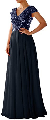 AMDOLE Fitting Ballkleider Damen Sommer V Ausschnitt Pailletten Chiffon Panel Abendkleid Langes Kleid Elegant Abendkleid Mode Party Brautjungfernkleider Cap Sleeve Bandage Kleid, dunkelblau, L