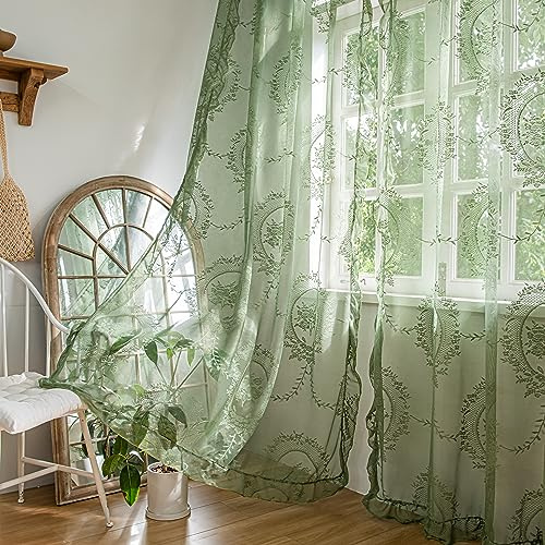 Sutuo Home Olivgrüne Spitzenvorhänge, 244 cm lang, 2er-Set, durchscheinende Paneele, Rosen-Blumenstickerei, gerüscht, Vintage-Fensterdekoration, 1 Paar für Kinderzimmer, Schlafzimmer, Wohnzimmer