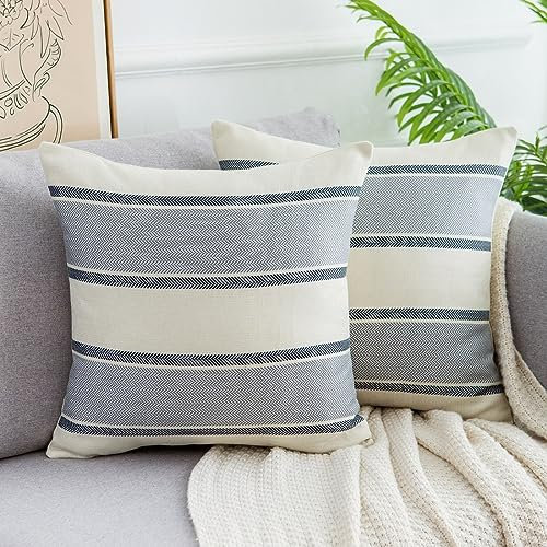 DakTou Sofakissen 45x45cm 2er Set Kissenbezug Streifen Dekokissen Leinen Kissenhülle Moderne Boho Dekorative Grau Kissenbezüge für Sofa Bett Büro Couch Schlafzimmer Wohnzimmer