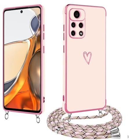 LENGRACE pour XiaoMi RedMi Note 11 Pro 4G / 5G Motif Coeur Coque,Galvanisé Etui Housse TPU Antichoc pour Femme Fille Coque avec Cordon de Collier-Rose