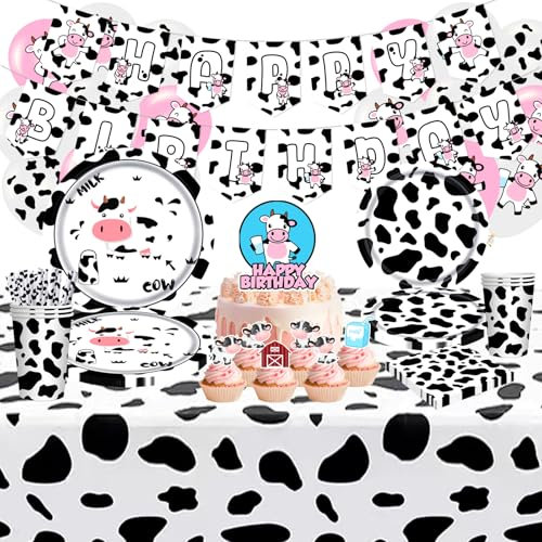 Kuh Thema Partygeschirr Set, Bauernhof Druck Dekorationen, Luftballons und Servietten,Kinder Geburtstag Deko mit Tischdecke Pappteller Pappbecher, 105 Stück Geschirr für 10 Gäste