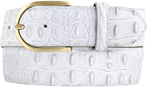 BELTINGER Damen-Gürtel mit goldener Gürtelschnalle und Krokoprägung 4 cm | Leder-Gürtel 40mm Kroko-Optik Damen | Kroko-Muster 4cm | Hellgrau 85cm