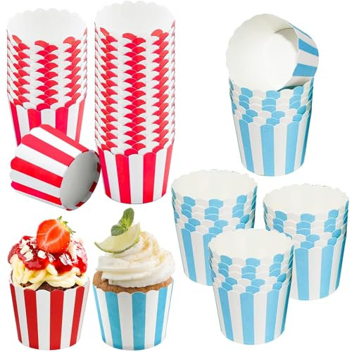 Muffinförmchen Papier Cupcake,Rot und Blau Muffins Papierförmchen,Cupcake Backbecher Einweg Muffinförmchen Backpapier Cupcake für Halloween, Geburtstage, Hochzeiten, Partys (100 Stück,Streifen)