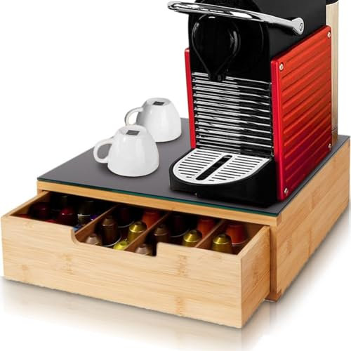 BAKAJI Portacapsule Contenitore Cassetto Porta Cialde Capsule compatibile per Nescpresso Dolcegusto Modomio Caffe Bustine Tè Zucchero realizzato in Legno di Bambù Bamboo (31,5 x 30 x 10 cm)