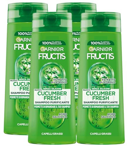 Shampoo Purificante, CUCUMBER FRESH, Con Estratto Di Cetriolo e Acido Salicilico. Per Capelli Grassi. Senza Silicono 250ml (4 Flaconi)