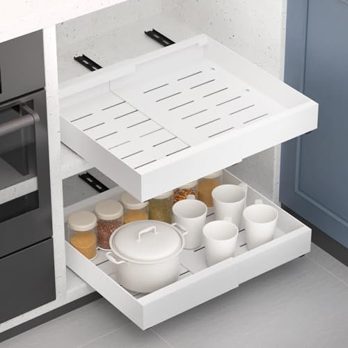 Alishomtll Teleskopschublade, Ausziehbare Schublade Küchen, Küchenschrank Verstellbare Breite, Metall Schrank Organizer Ausziehbar Kein Bohren, für Küche, Bad, Wohnzimmer, 31-51x42x7cm Weiß