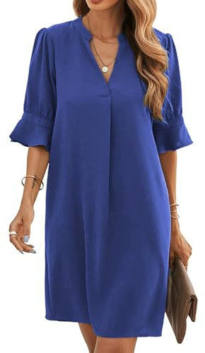 Famulily Damen Casual Lose Arbeit Kleider Kurze Rüschen Ärmel V-Ausschnitt Swing Sommer Party Kleid Königsblau XL