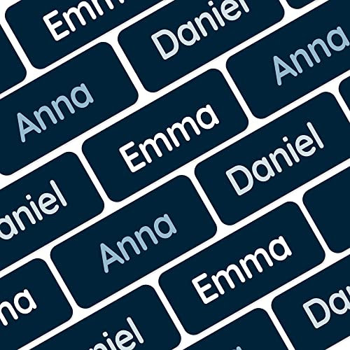 Klebekerlchen® Namensaufkleber Kinder & Erwachsene (60 Stück) – Namensschilder für Kleidung personalisiert – Etiketten selbstklebend für Schule, Kita, Seniorenheim & Beruf - dunkles Blau