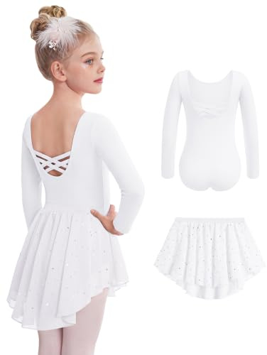 Arshiner Mädchen Langarm Ballettkleidung Zweiteiliges Ballettanzug Ballettkleid Kinder Rückenfrei Baumwolle Balletttrikot Tanztrikot Tanzkleid Tanzbody mit Rock Tütü Weiß 160 9-10 Jahre