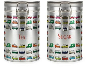Purely Home Campervans Tea & Sugar Canisters Set - Multicoloured Campers Holiday Gifts for Campervan Owners - Silver Metal Clip Lid Kitchen Food/Drinks Storage Jar/Container 600ml (14cm x 8.5cm)