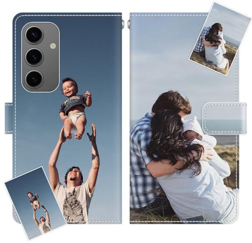 JGOYGYI Personalisierte Leder Handyhülle kompatibel mit Samsung Galaxy S24,Individuelle Eigenem Foto Bild Text Bildern Foldable Flip Klapphüllen Case hülle+Handykette
