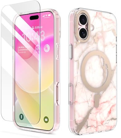 MATEPROX Kompatibel mit iPhone 16 Plus Hülle, Stylische Marmor Schutzhülle Kompatibel mit MagSafe mit Panzerglas, Magnetische Anti-Kratzer Dünne Handyhülle für iPhone 16 Plus 2024-Mattrosa