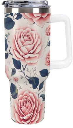 Pivoine fleur, LeS roSeS, atmoSphérique Mug ThermoS ISotherme - Pour Café Et Thé Avec Couvercle Étanche - ConServe La Température DeS BoiSSonS, Idéal Pour Voyage 40oz