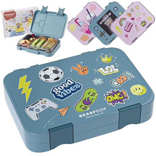 BEARFOOT Brotdose Kinder mit Fächern, BPA frei, Lunchbox, Bento box, Brotbox, Brotdose Mädchen & Jungen, Snackbox mit Trennfächern, Vesperbox für Kindergarten, Schule, groß (Blau - Sticker)