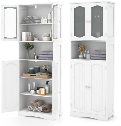 GIANTEX Armoire de Salle de Bain Haute, Portes en Verre Trempé, Etagères Réglables à 3 Positions, Kit Anti-basculement, Meuble Rangement pour Salle de Bain, Salon, Salle à Manger, Cuisine (Blanc)