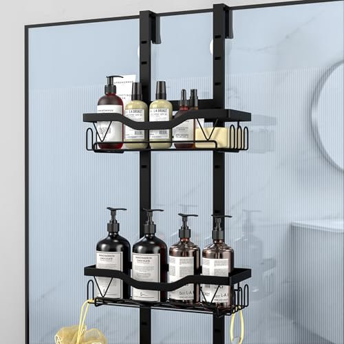 UUlioyer Etagere Douche à Suspendre, Rangement Douche sans Percage aver 2 PCS Réglable Panier à Suspendre pour le gel Douche et le Shampooing (Noir - 2 couches)