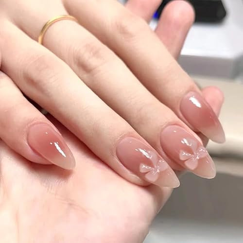 24STK Press on Nails Kurz Mandelform, Rosa Ombre Nägel Fingernägel zum Aufkleben Niedlich Schleife Künstliche Nägel Fake Nails Klebe Nägel Set Acrylnagelspitzen Damen Nagelkunst Zubehör