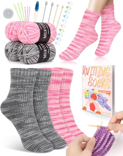 Reessy Strickset für Anfänger und Erwachsene, 4-teiliges Socken-Strick-Starter-Set für Erwachsene, die das Stricken lernen, inklusive Schritt-für-Schritt-Anleitung (evtl. nicht in deutscher Sprache