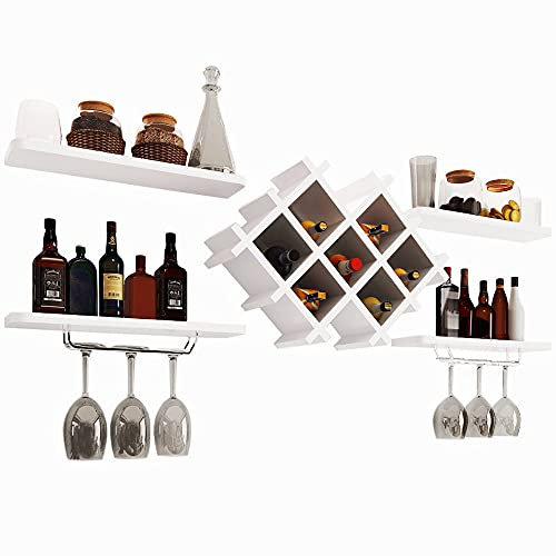 Wine Rack Cabinet Hanging, 4 Pieces Set floating shelves white 40cm add 1 x Glass Storage Wall Mount Bottle Holder rack for Dining Room, Kitchen, Livingroom, Bar Unit Home deocration gifts