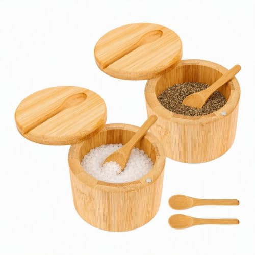 Alleshelfer Boîte à Sel en Bambou 2pcs, Naturel Pot a Sel avec Cuillère Intégrée, Boîte à Poivre et Sel Ronde, avec Couvercle Magnétique Pivotant, pour Stocker Sel, Poivrière, épices,Thé, Sucre,9x7cm