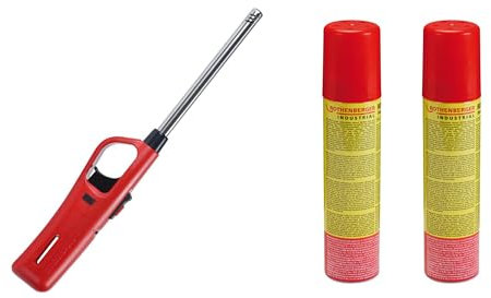 ROTHENBERGER Industrial 1x Gasanzünder inkl. 2X Nachfüllgas 100 ml | Feuerzeug | Abzugsperre | Piezo | Füllanzeige | Wiederbefüllbar | Kindersicherung