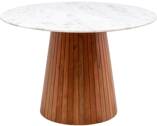 Kare Design Tisch Grace, Braun/Weiß, 115 cm Durchmesser, Esstisch, Marmor Tischplatte, Massivholz, Rund, Wohnzimmer, Esszimmer