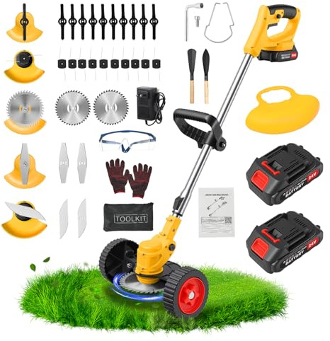 24V Electric Weed Wacker Cordless Grass Trimmer with 2x2000mAh Batteries & Fast Charger, 3 in 1 Stringless Lightweight Brush Cutter/Edger/Mower with 3 Types Blade & Wheels for Garden and Yard Lawn