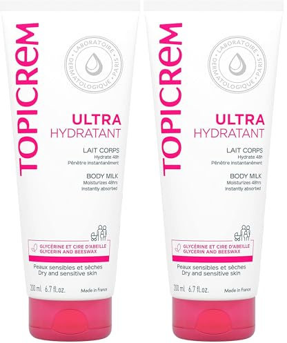 Topicrem - Ultra Hydratant Lait Corps - Hydrate 48h, Relipide, Protège la Peau - Texture Onctueuse, Odeur Délicate - Crème Hydratante pour Peaux Sensibles - Fabrication Française - 200 ml (Lot de 2)