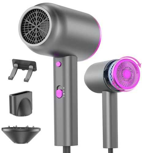 Seche Cheveux Ionique Professionnel,Sèche Cheveux Avec Diffuseur Buse de Coiffage et Support Mural,Bouton chaud/froid, 3 Niveaux de Chaleur, 2 Vitesses, 1800W Sèche-cheveux Voyage Petit (Gris Rose)