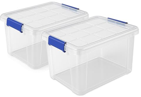 TIENDA EURASIA – Cajas Almacenaje Plastico | Pack de 2 | Plástico PP | Transparente | Con Tapa | Cierres Herméticos Laterales a Presión Color Azul | Medidas 42x36x25 cm (25 Litros)